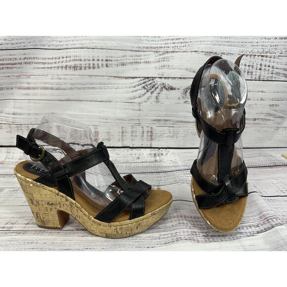 Born Concept BOC Wedge Cork Heel Black Strap Sandals size 10 - Picture 1 of 16